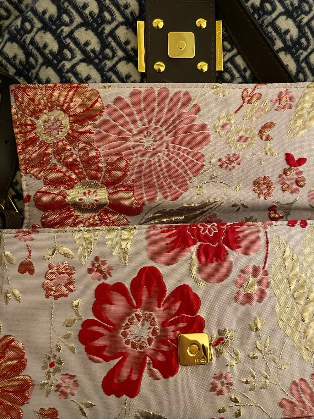Inspired Floral Pink Embroidered Shoulder Bag with Gold Hardware